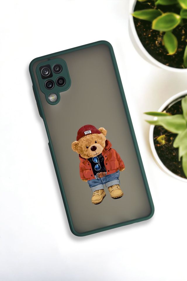 Samsung Galaxy A12 Uyumlu Teddy Bear Desenli Buzlu Şeffaf Lüx Telefon Kılıfı