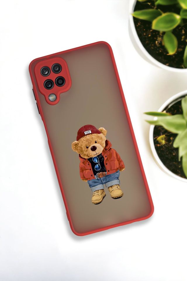 Samsung Galaxy A12 Uyumlu Teddy Bear Desenli Buzlu Şeffaf Lüx Telefon Kılıfı