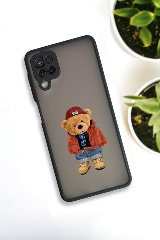 Samsung Galaxy A12 Uyumlu Teddy Bear Desenli Buzlu Şeffaf Lüx Telefon Kılıfı