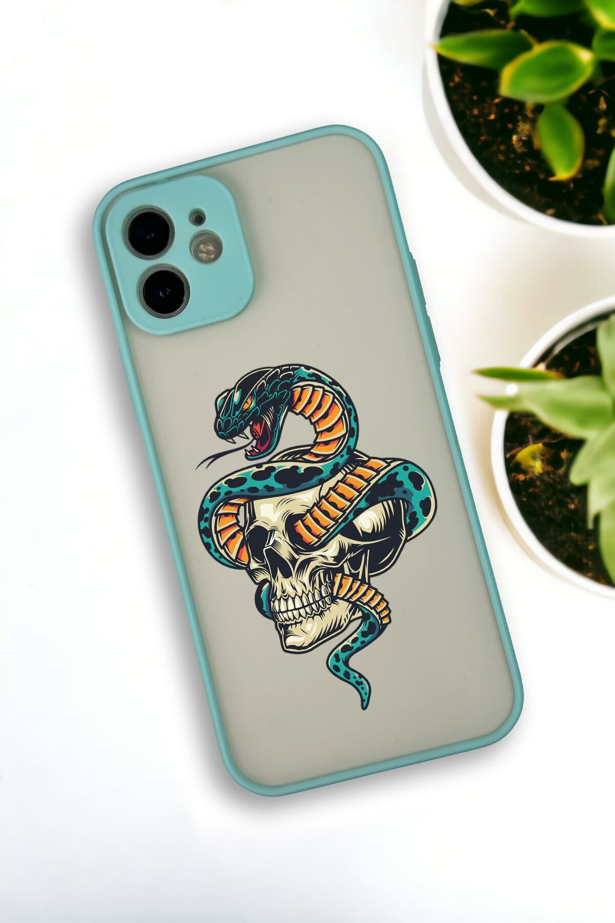 iPhone 12 Uyumlu Skull & Snake Desenli Buzlu Şeffaf Lüx Telefon Kılıfı