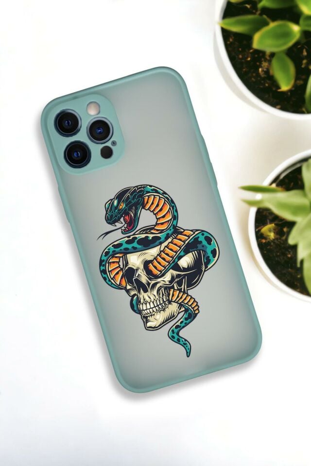 iPhone 12 Pro Max Uyumlu Skull & Snake Desenli Buzlu Şeffaf Lüx Telefon Kılıfı