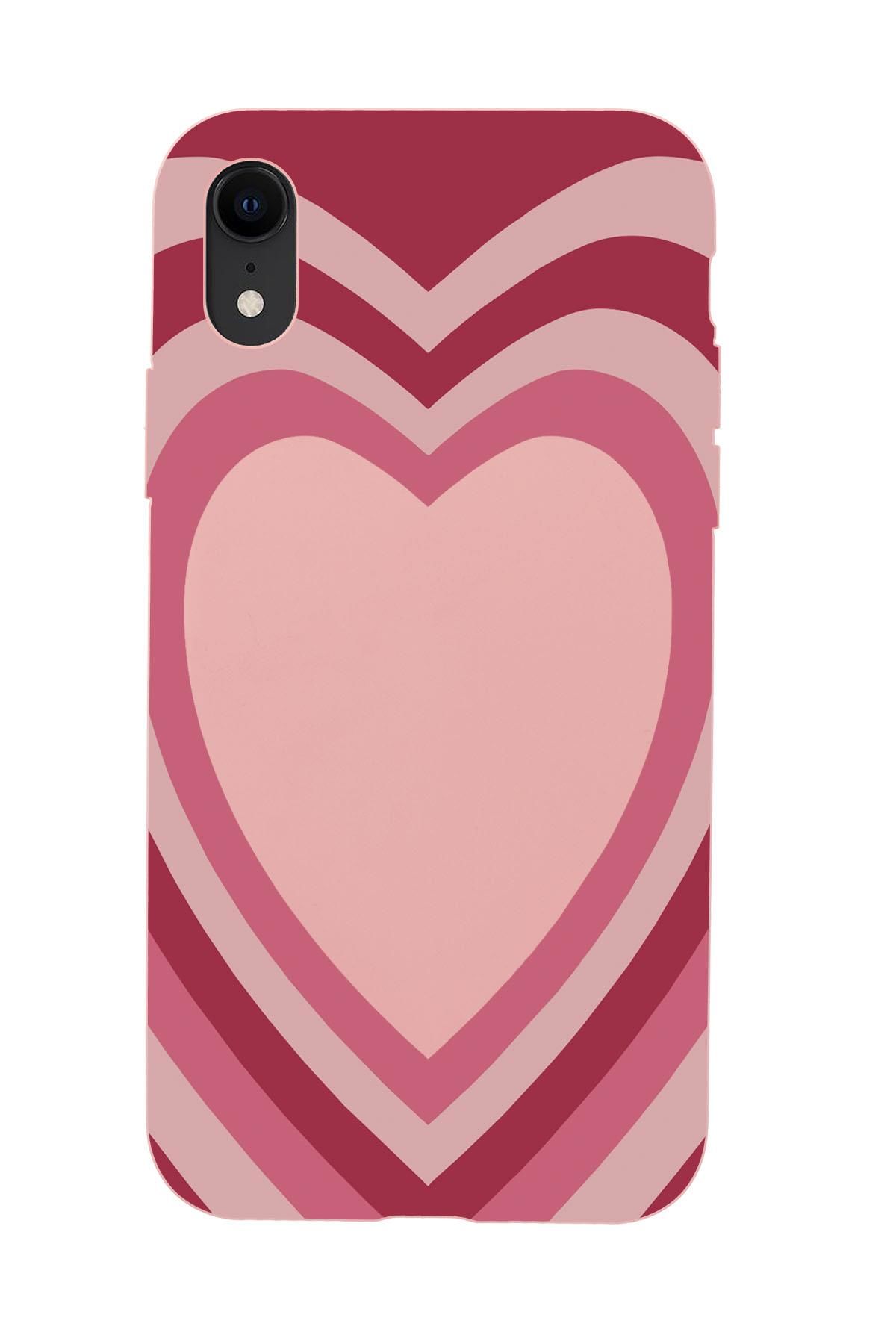 iPhone Xr Kalp Desenli Premium Silikonlu Pembe Telefon Kılıfı