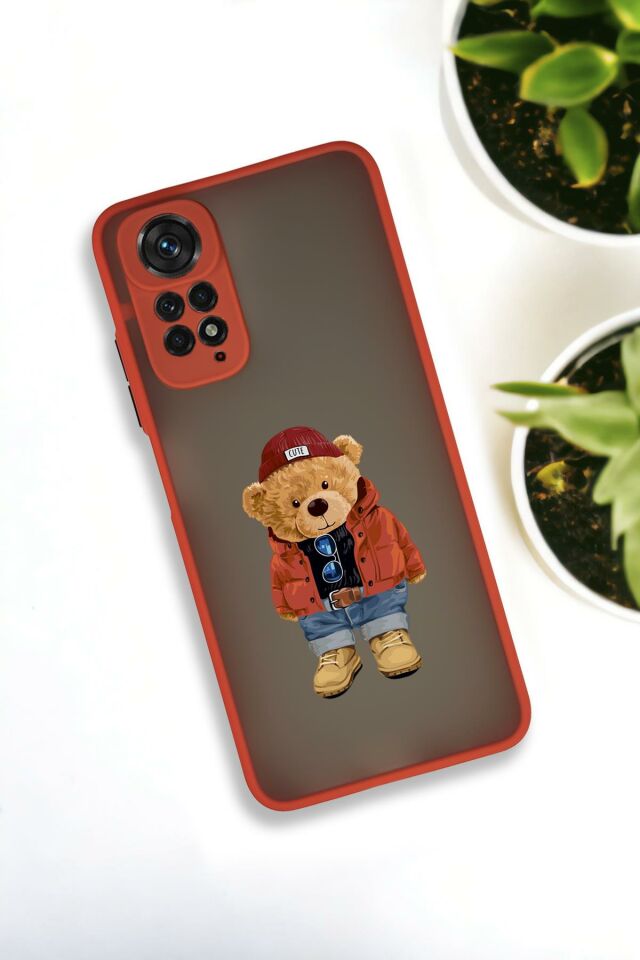 Xiaomi Redmi Note 11 Uyumlu Teddy Bear Desenli Buzlu Şeffaf Lüx Telefon Kılıfı