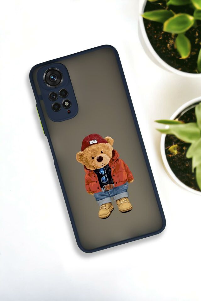 Xiaomi Redmi Note 11 Uyumlu Teddy Bear Desenli Buzlu Şeffaf Lüx Telefon Kılıfı