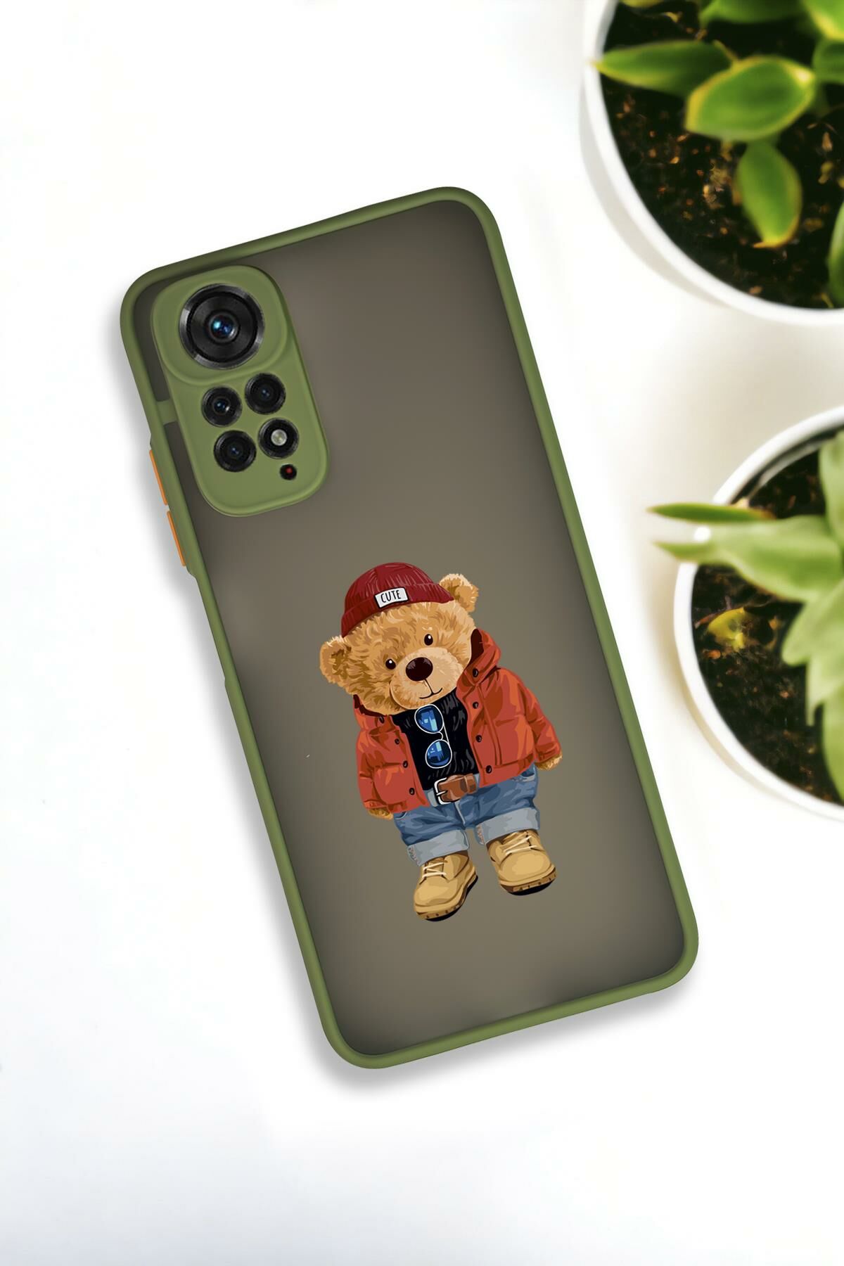 Xiaomi Redmi Note 11 Uyumlu Teddy Bear Desenli Buzlu Şeffaf Lüx Telefon Kılıfı