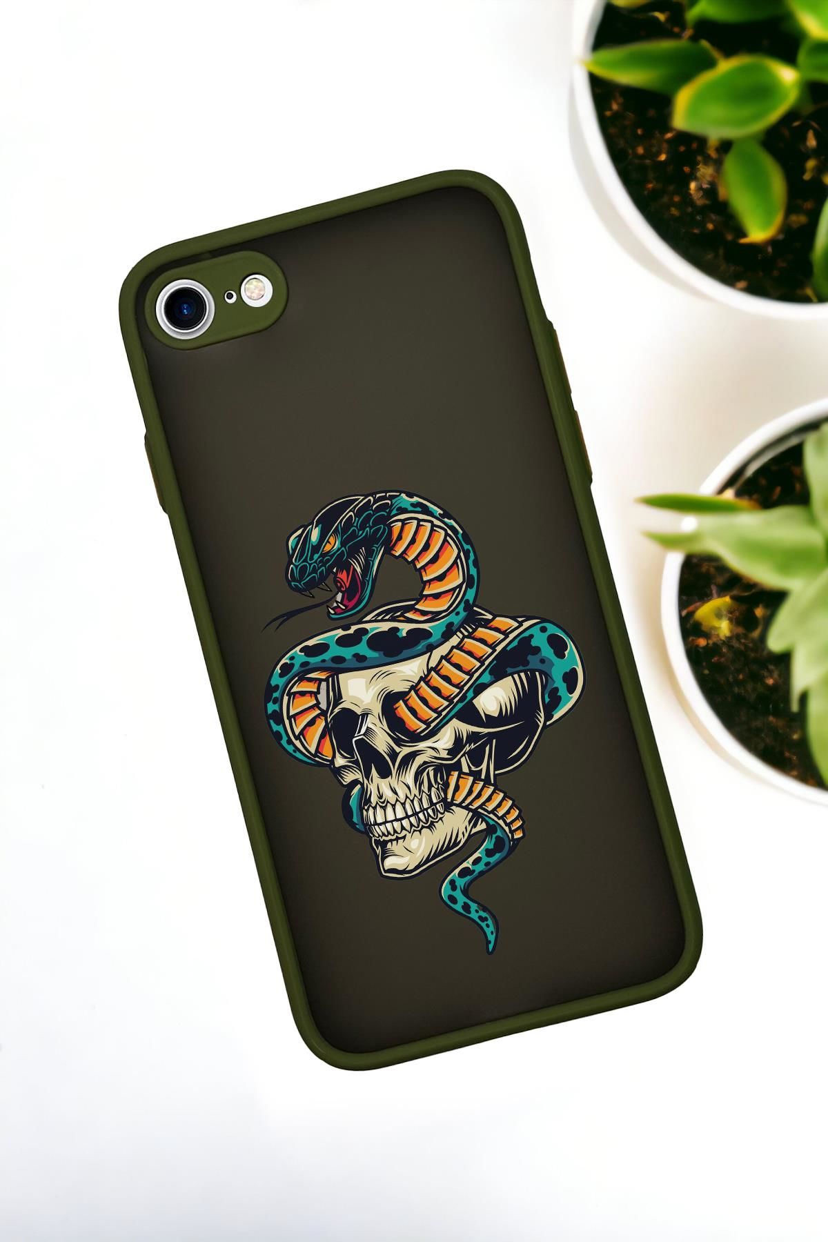 iPhone 7 Uyumlu Skull & Snake Desenli Buzlu Şeffaf Lüx Telefon Kılıfı