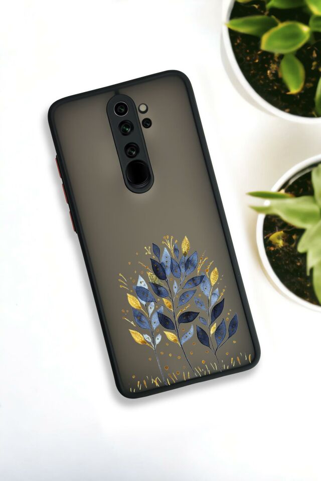 Xiaomi Redmi Note 8 Pro Uyumlu Mavi Yaprak Desenli Buzlu Şeffaf Lüx Telefon Kılıfı