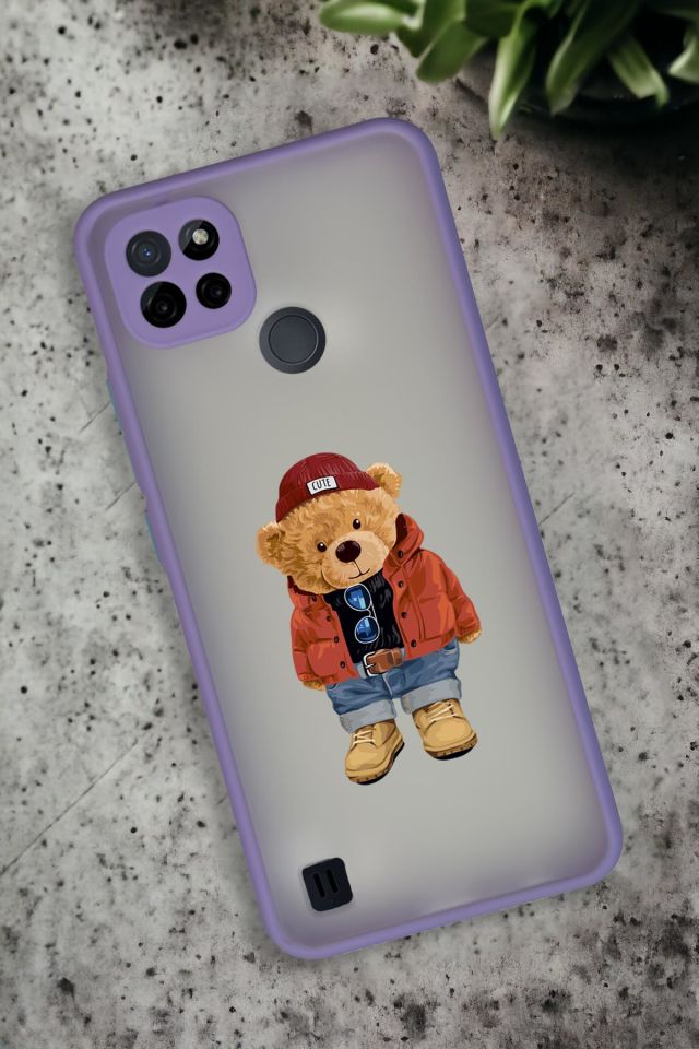 Realme C21 Uyumlu Teddy Bear Desenli Buzlu Şeffaf Lüx Telefon Kılıfı