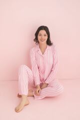 Pembe Beyaz Çizgili Düğmeli Pijama Takımı XL