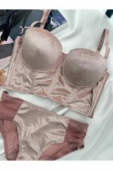 Sevgililer Günü Özel Kırmızı Kadife Zebra Desenli Korseli Bralet Takım pudra pembe - 80B