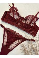 Çiçekli Balenli Sütyen Takımı bordo - 90B
