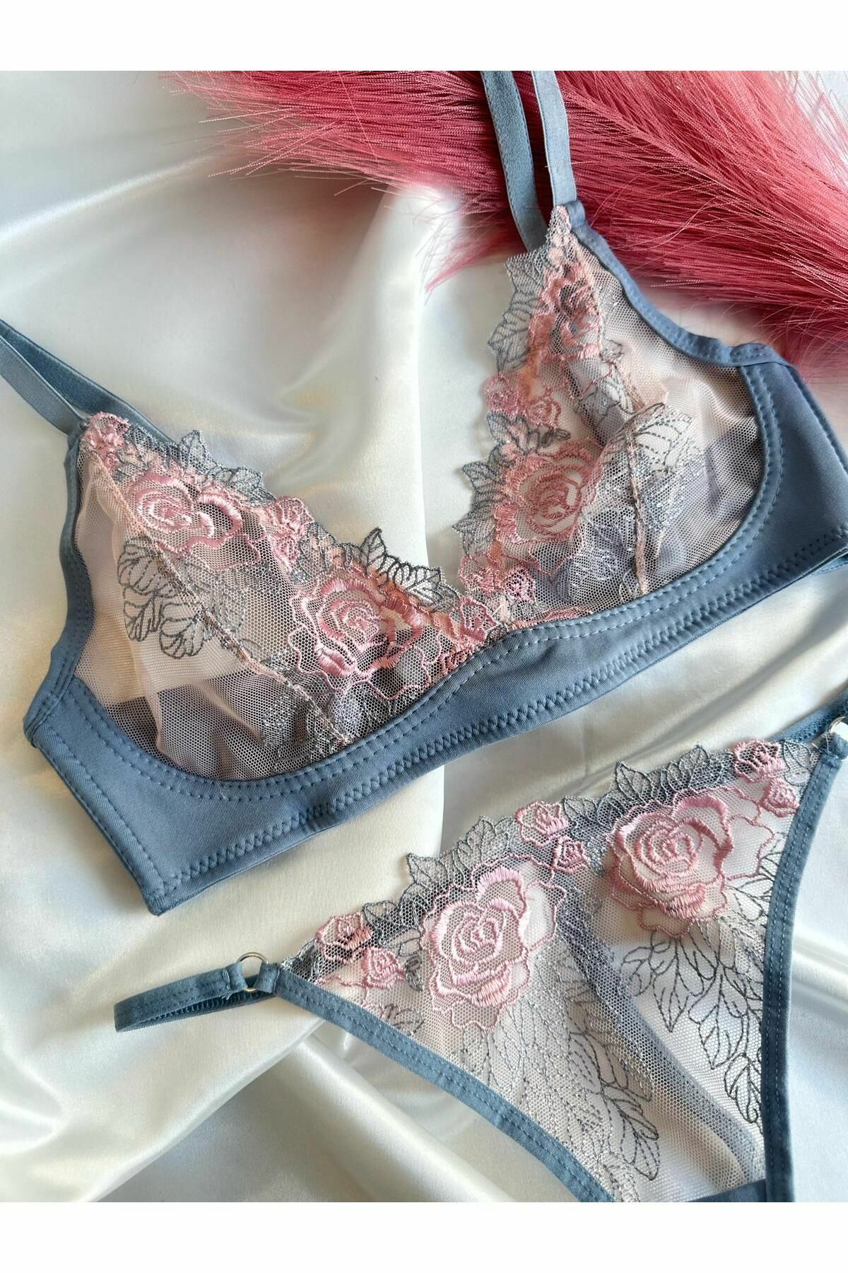 Balensiz Üçgen Kesim Özel üretim Bralet Takımı mavi-pembe - 85B