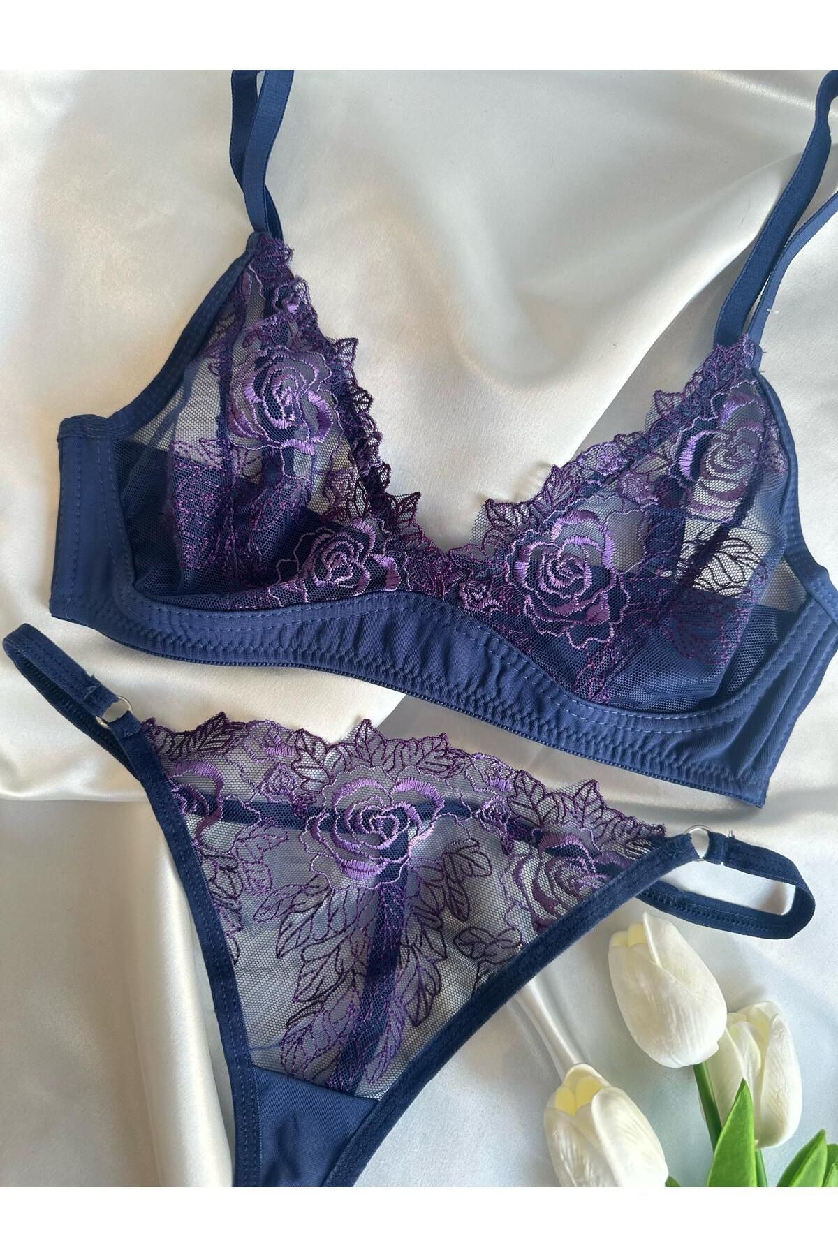 Balensiz Üçgen Kesim Özel üretim Bralet Takımı Lacivert-mor - 85B