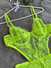 Neon çiçek desenli bodysuit 90B - neon turuncu