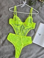 Neon çiçek desenli bodysuit 90B - neon turuncu