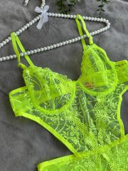Neon çiçek desenli bodysuit 80B - neon sarı&yeşil