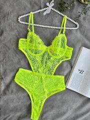 Neon çiçek desenli bodysuit 80B - neon sarı&yeşil