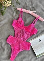 Neon çiçek desenli bodysuit 90B - neonpembe