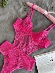 Neon çiçek desenli bodysuit 90B - neonpembe