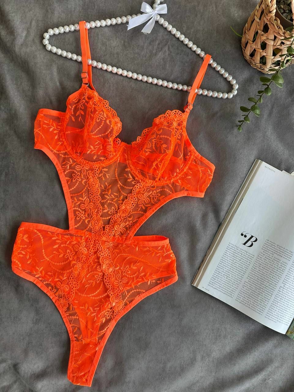 Neon çiçek desenli bodysuit 90B - neon turuncu
