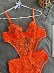 Neon çiçek desenli bodysuit 90B - neon turuncu