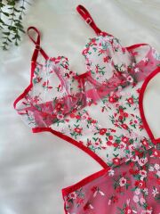 Kırmızı minik çiçek detaylı bodysuit 90B - KIRMIZI