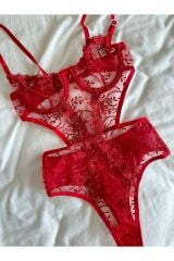 Beyaz desenli bodysuit düzkırmızı - 85B