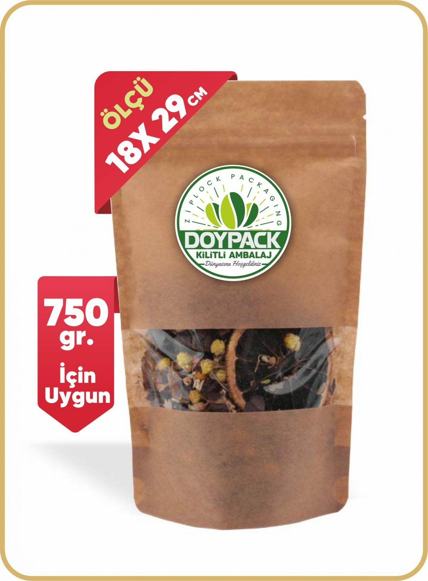 Kraft Pencereli Kilitli Doypack 500 - 18x29cm
