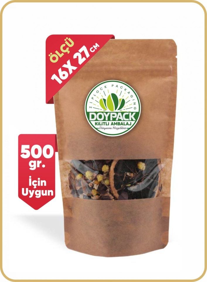 Kraft Pencereli Kilitli Doypack 500 - 16x27cm