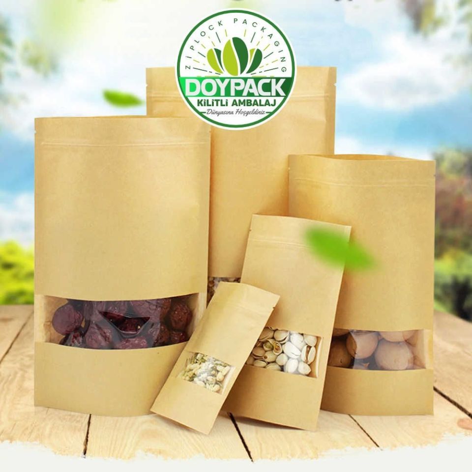 Kraft Pencereli Kilitli Doypack 50 - 13x22.5cm
