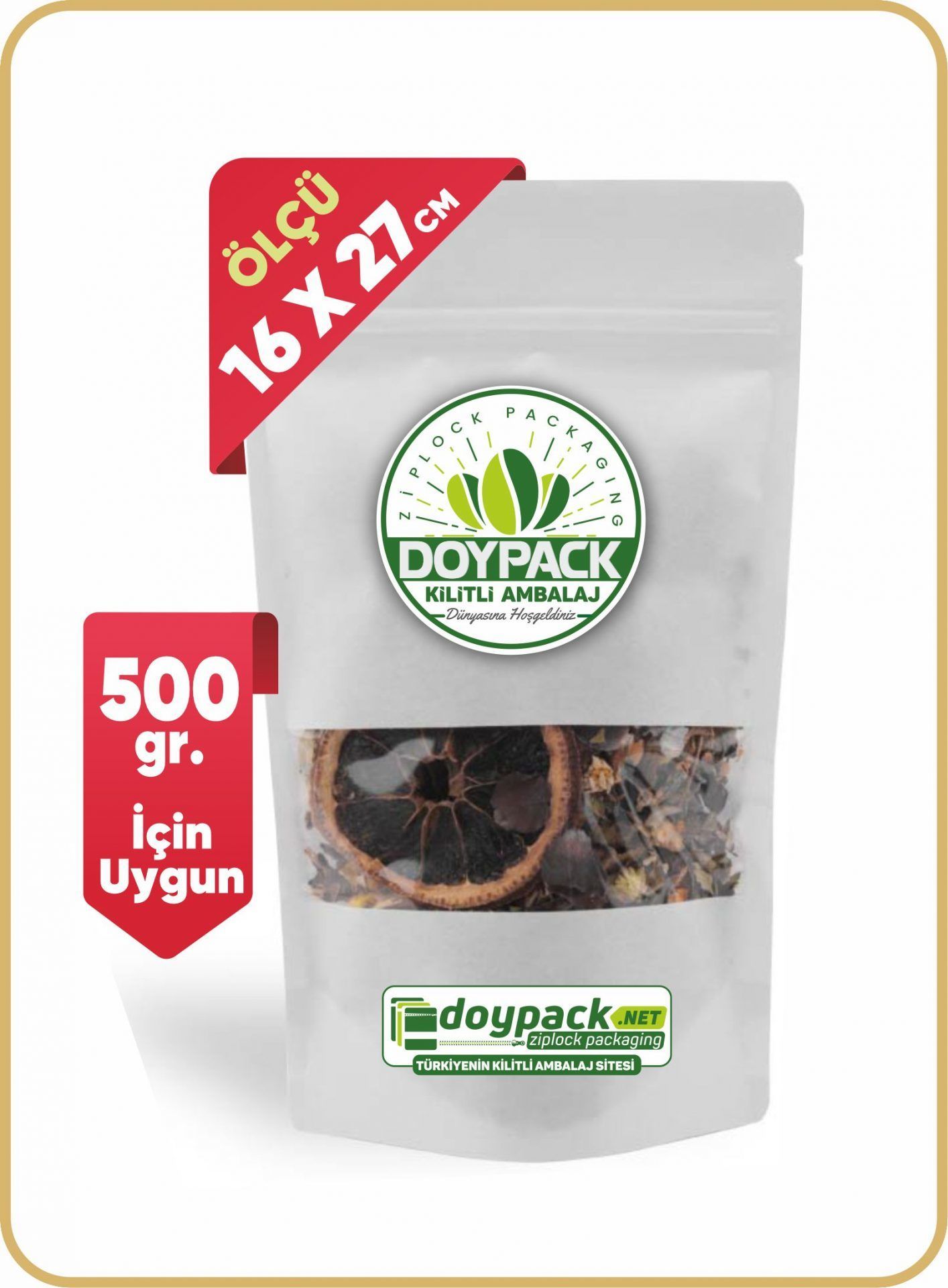 Beyaz Kraft Pencereli Kilitli Doypack 100 - 16x27cm