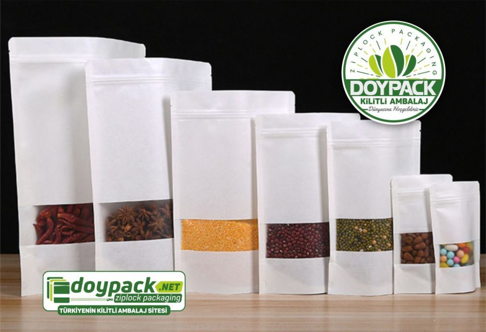 Beyaz Kraft Pencereli Kilitli Doypack 100 - 16x27cm