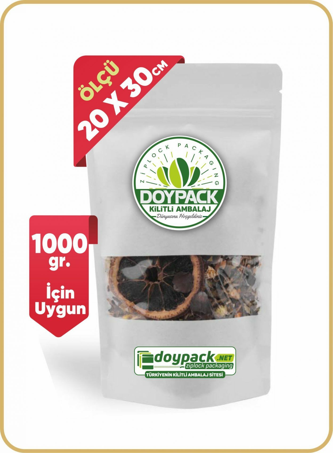Beyaz Kraft Pencereli Kilitli Doypack 1000 - 20x30cm
