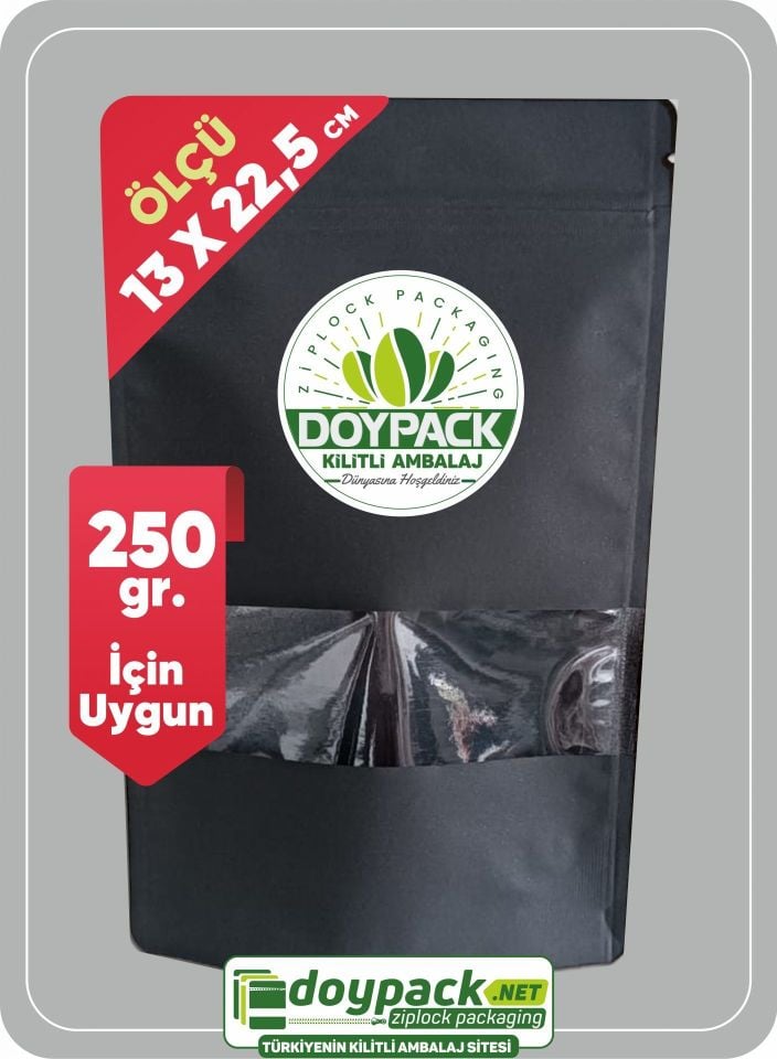 Siyah Kraft Pencereli Kilitli Doypack 500 - 13x22.5cm