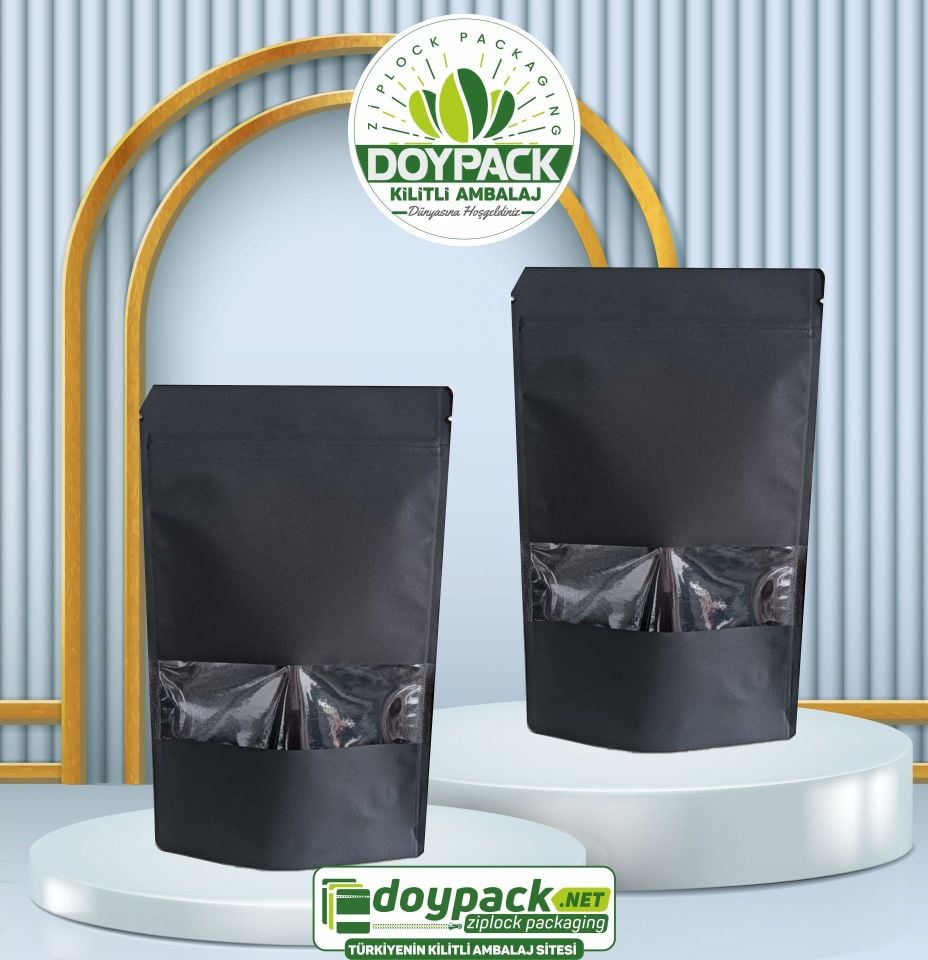 Siyah Kraft Pencereli Kilitli Doypack 1000 - 13x22.5cm