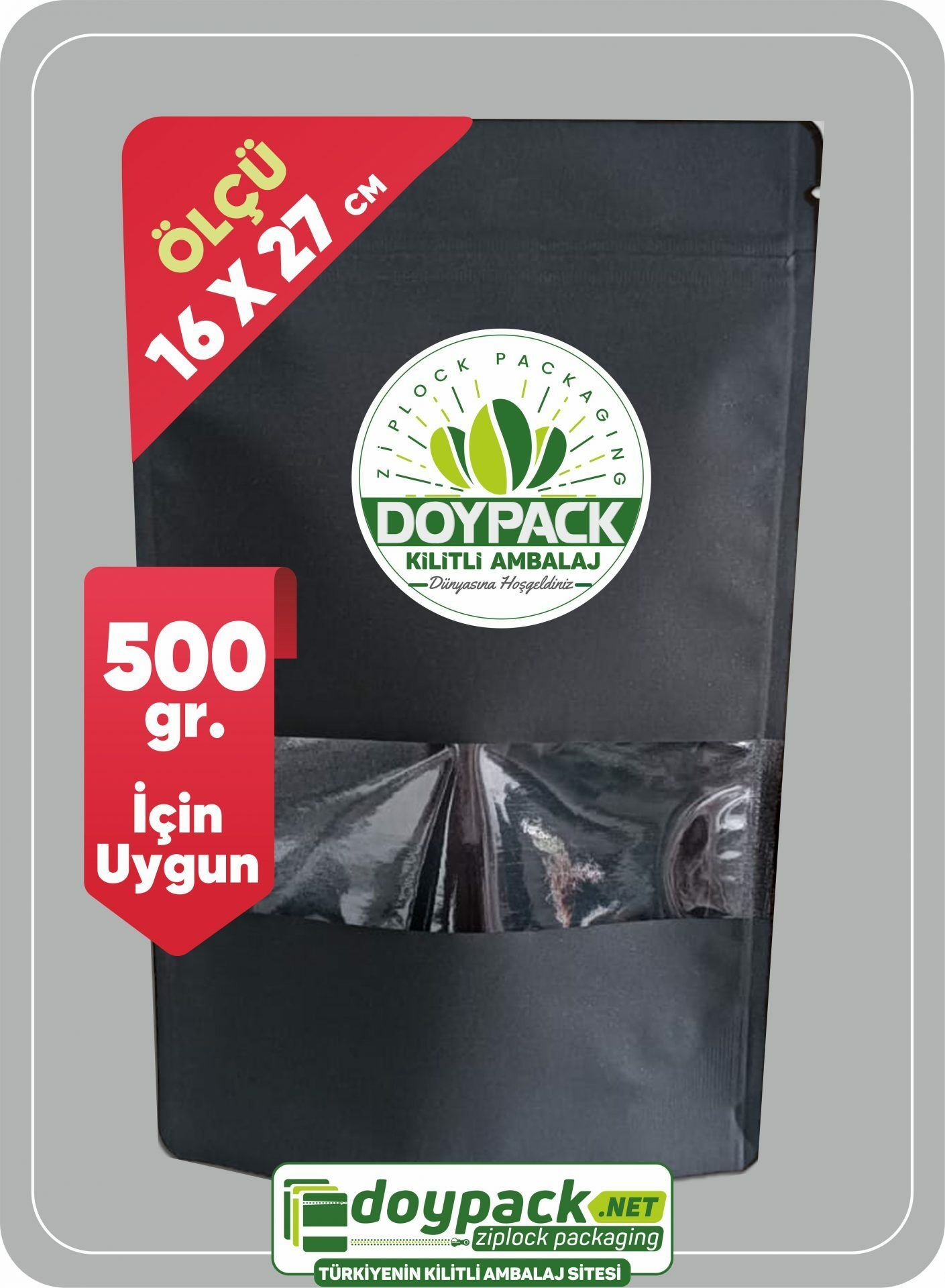Siyah Kraft Pencereli Kilitli Doypack 500 - 16x27cm