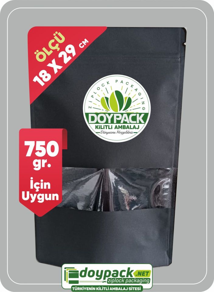 Siyah Kraft Pencereli Kilitli Doypack 500 - 18x29cm