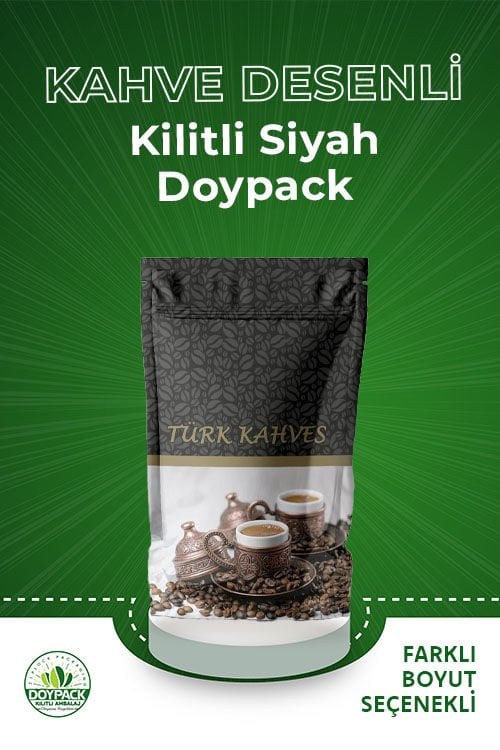 Kahve Desenli Kilitli Siyah Doypack 100 - 13x18cm