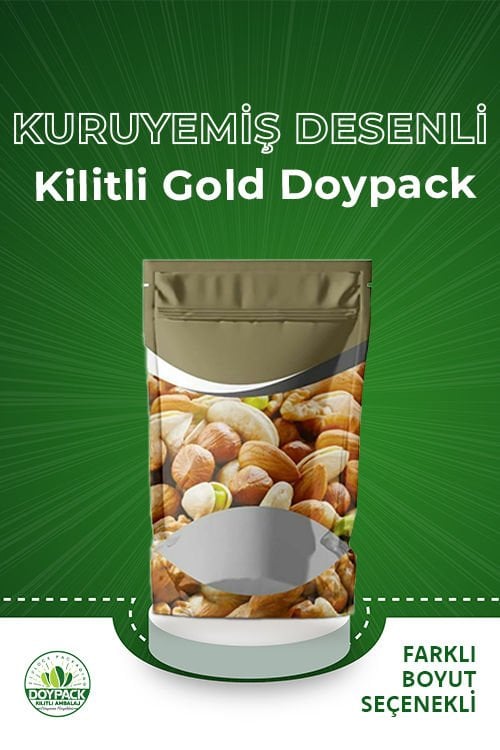 Kuruyemiş Desenli Kilitli Gold Doypack