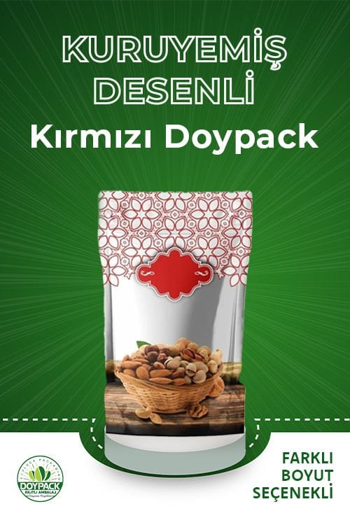 Kuruyemiş Desenli Kırmızı Doypack 1000 - 17.5x25cm