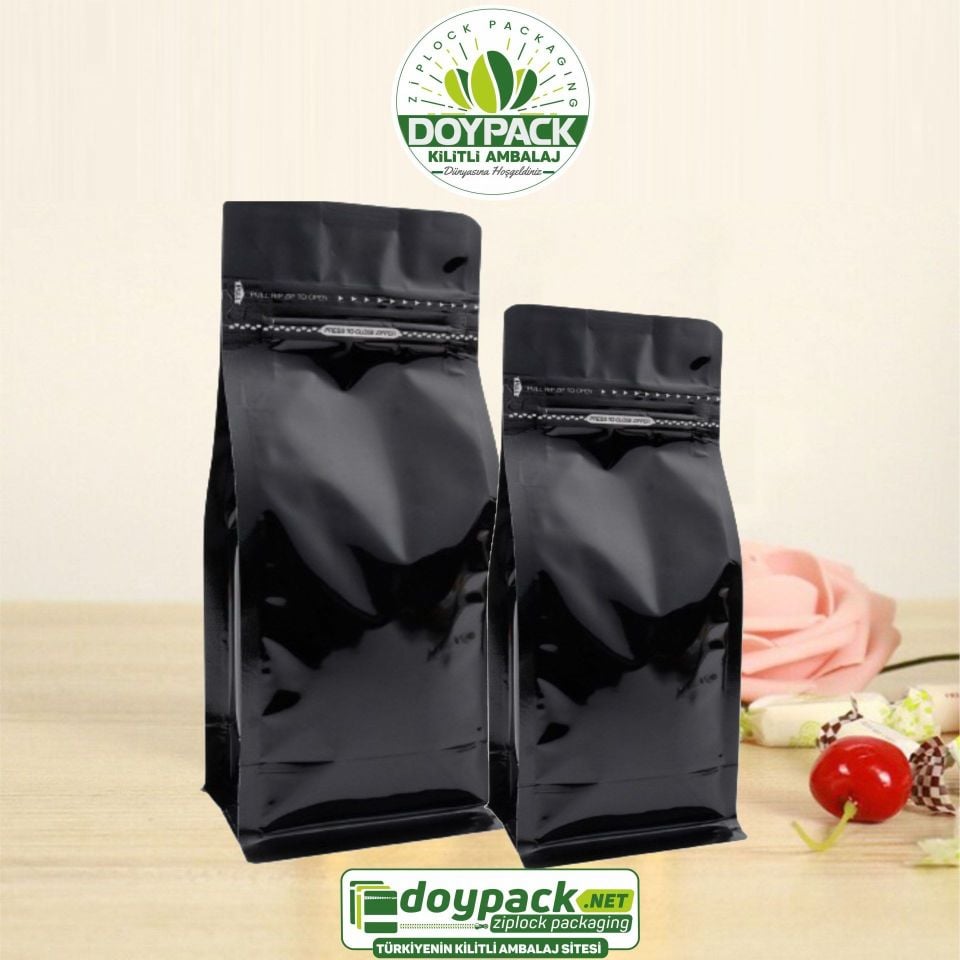 Parlak Siyah Kilitli Flat Bottom Valfli Torba