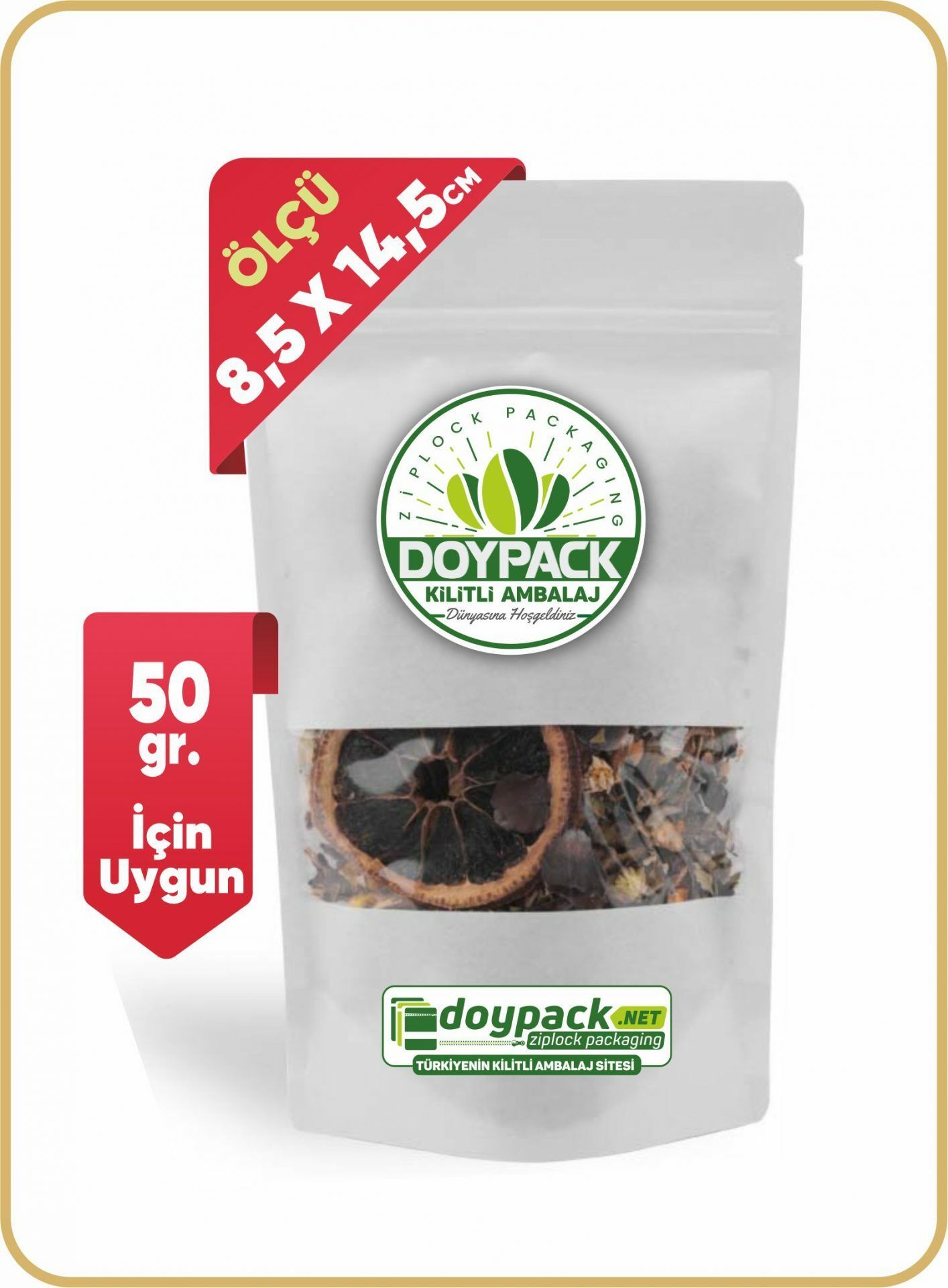 Beyaz Kraft Pencereli Kilitli Doypack 500 - 8.5x14.5cm