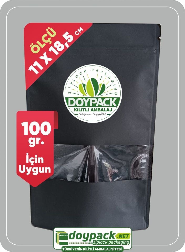 Siyah Kraft Pencereli Kilitli Doypack 1000 - 11x18.5cm