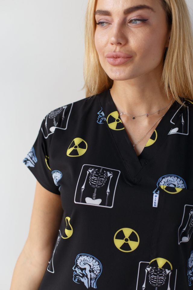 Kadın Likralı Yarasa Kol Hemşire Doktor Radyasyon Desenli Tek Üst Forma