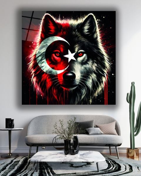 Bozkurt ve Türk Bayrağı Kare Cam Tablo
