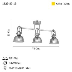 MAGO ALTIN 3'LÜ PLAFONYER AVİZE 3XE27
