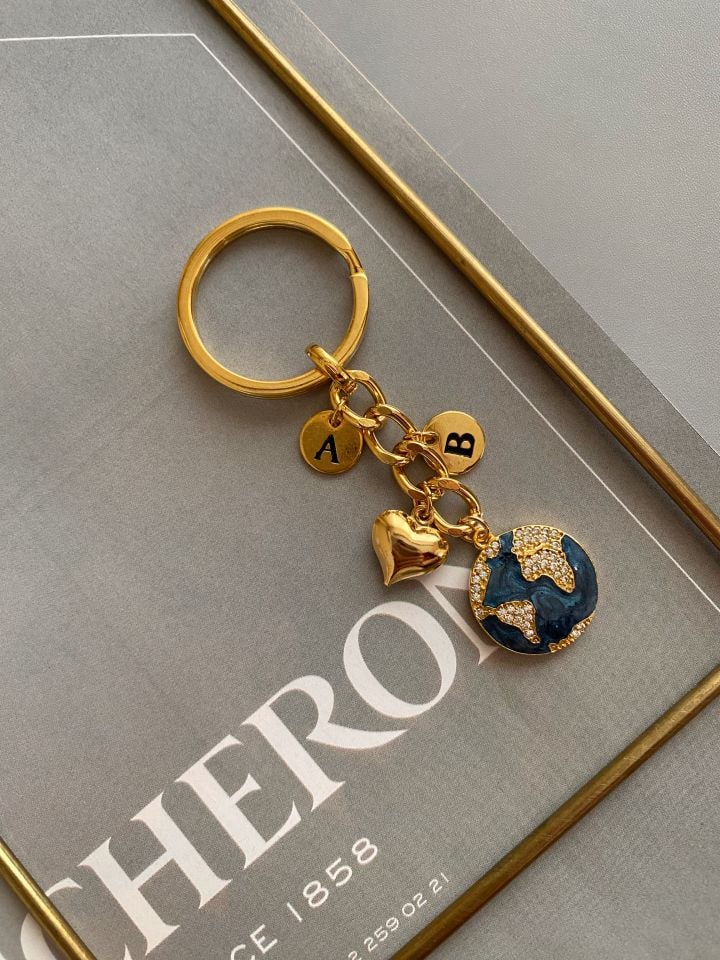 Harf Charm,Zirkon Taşlı Dünya Anahtarlık
