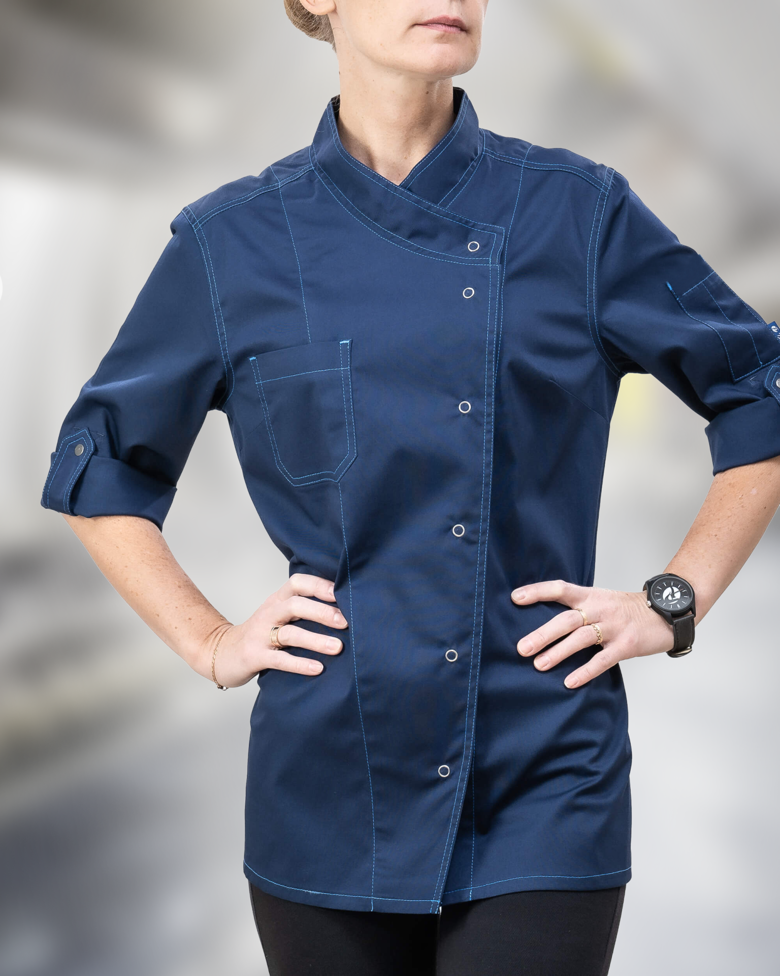 Spor Kesim Mavi Kadın Aşçı Ceketi | Şık ve Rahat Mutfak Modası