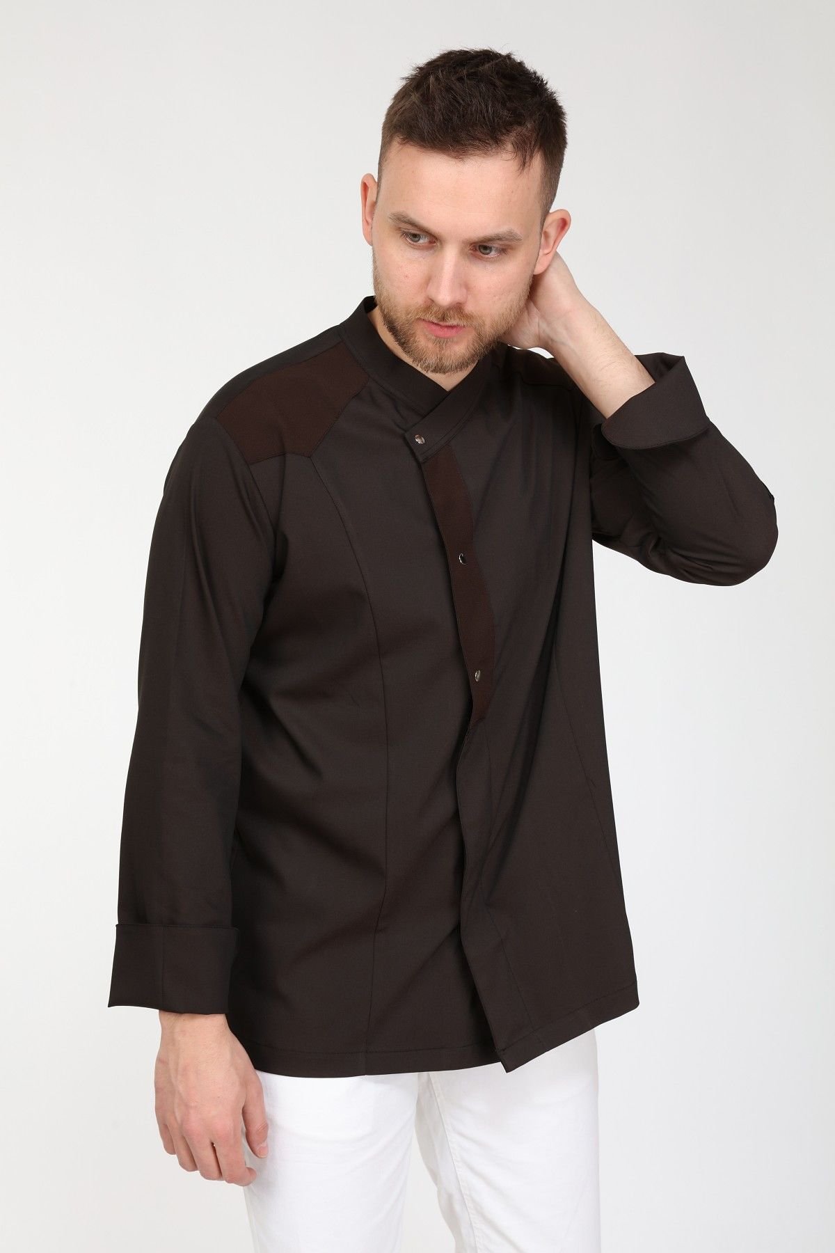 Likralı Kumaş Kahverengi Robalı Model Şef Aşçı Ceketi