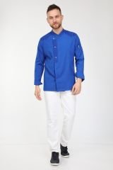 Likralı Kumaş Saks Mavisi, Robalı Model Şef Aşçı Ceketi